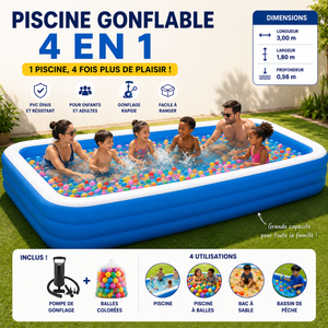 PISCINE GONFLABLE FAMILIALE - Dimensions (3 m de long, 1,80 m de large, 0,56 m de profondeur) + POMPES + BALLES
