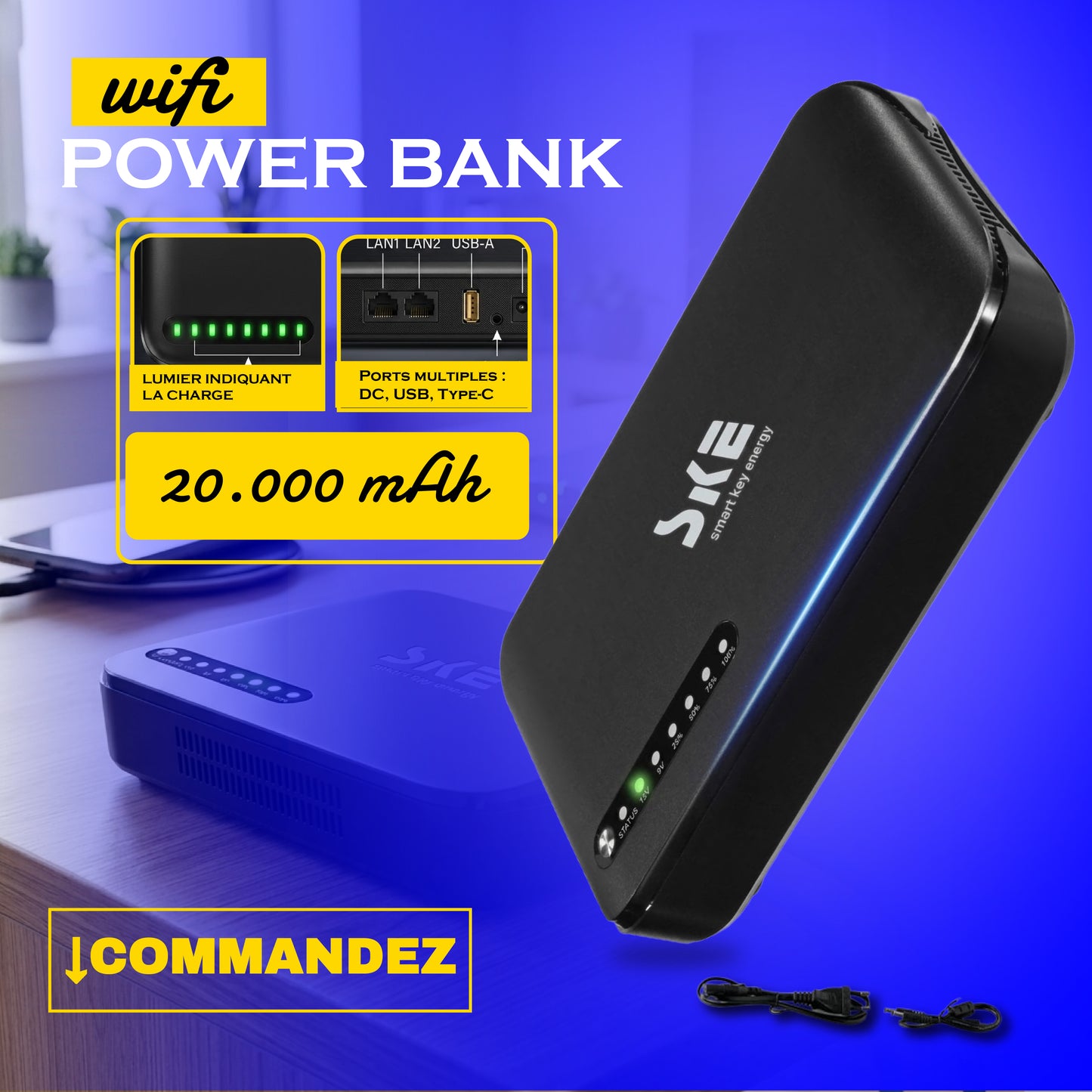 POWERBANK  UNIVERSEL POUR WIFI ET CAMERAS -Mini UPS Onduleur 20000mAh (A DIEU LES PANNES D'INTERNET APRES LES COUPURES D'Electricité)